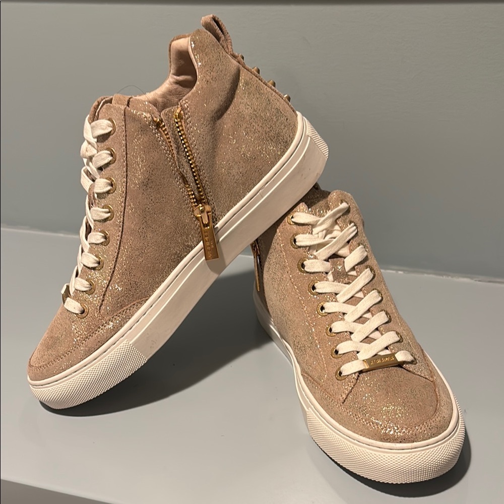 J Slides Tan and Gold Sneakers with Suede Finish